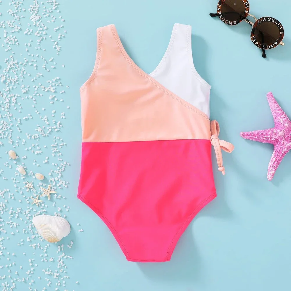 YOUNGER Toddler Red Pink TREE Girl One Piece Swimsuit Color Block Stripe 9-12M